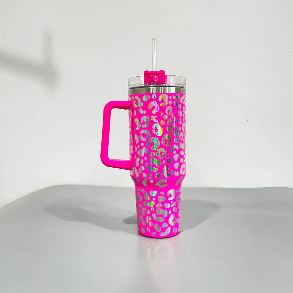 40oz Tumbler in Hot Pink Iridescent Leopard