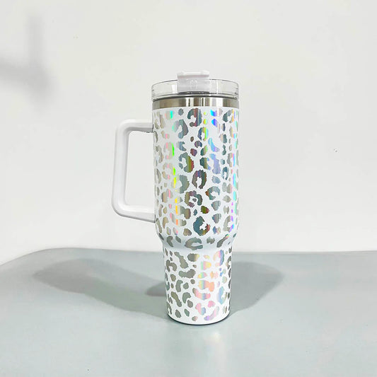 40oz Tumbler in White Iridescent Leopard