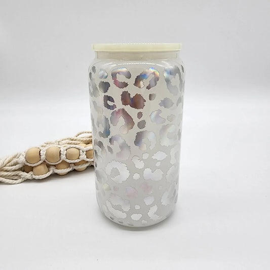 16oz glass can in white iridescent leopard