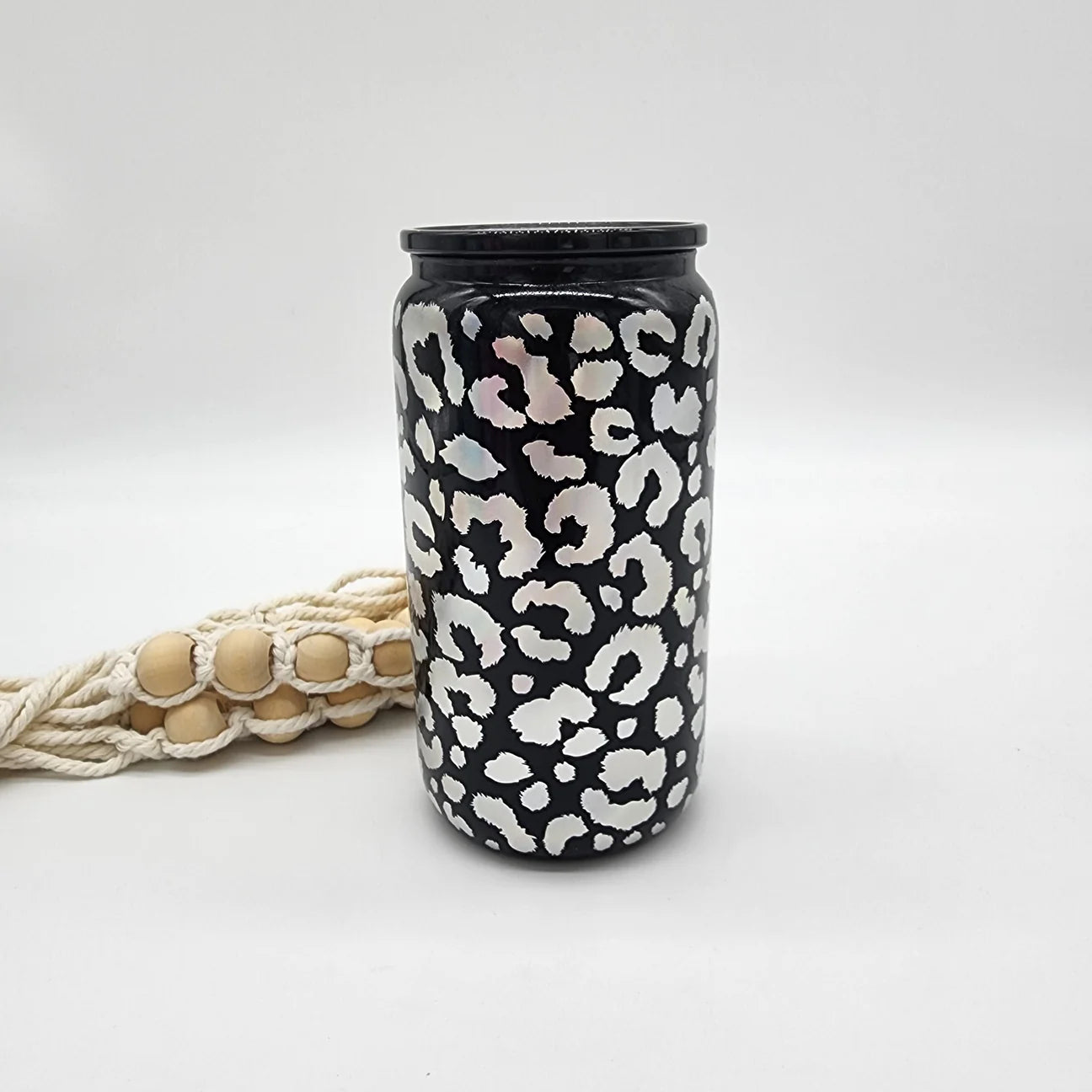 16oz glass can in Black iridescent leopard