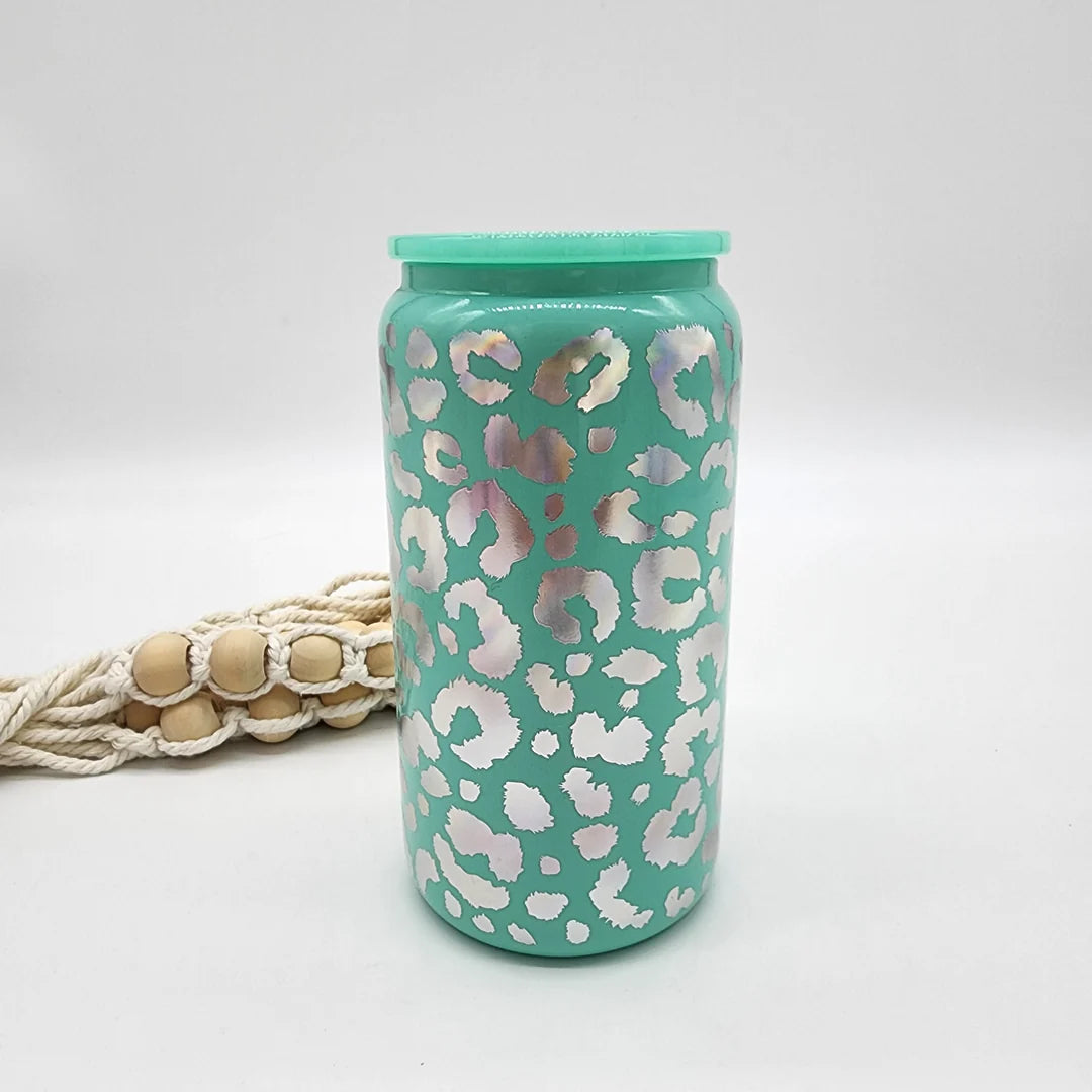 16oz glass can in mint blue iridescent leopard