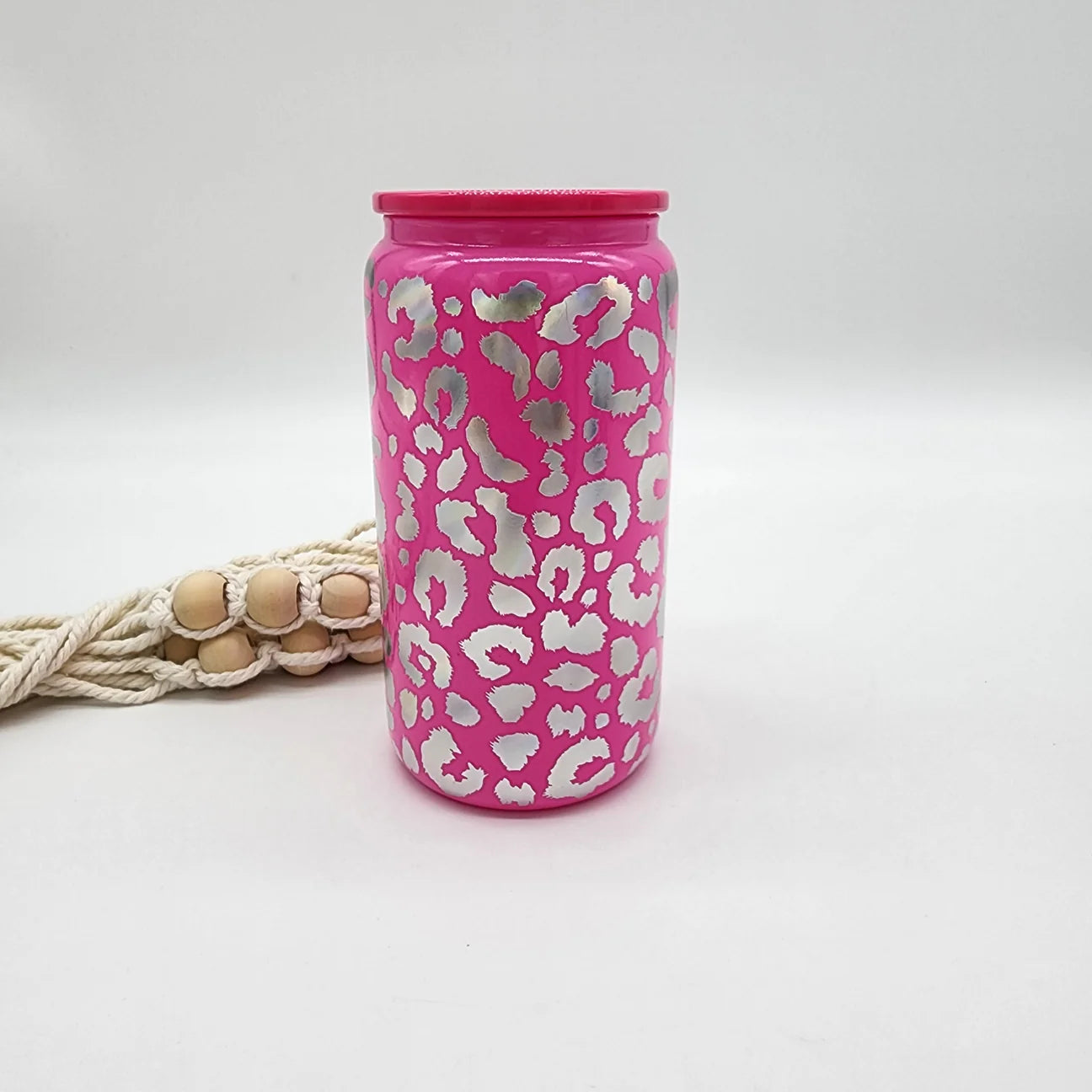 16oz glass can in hot pink iridescent leopard