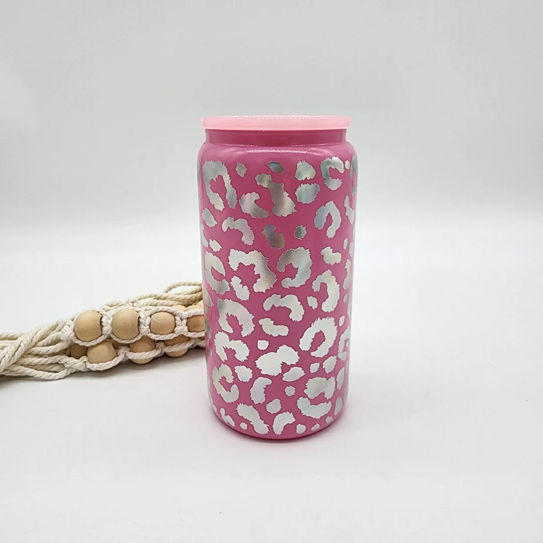 16oz glass can in light pink iridescent Leopard